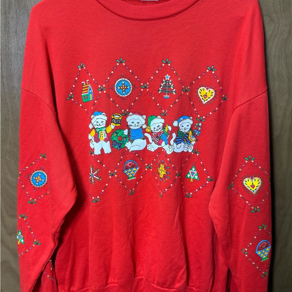 Vintage Red Cat Christmas/Holiday Sweater no tag Size‎ S, M, L